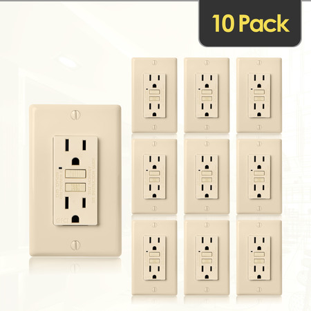 FAITH Self-Test 15A GFCI Outlet Receptacle with Wall Plate, Ivory, PK 10 GLS-15A-IV-10